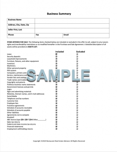 Restaurant for Sale BUSINESS SUMMARY FORM